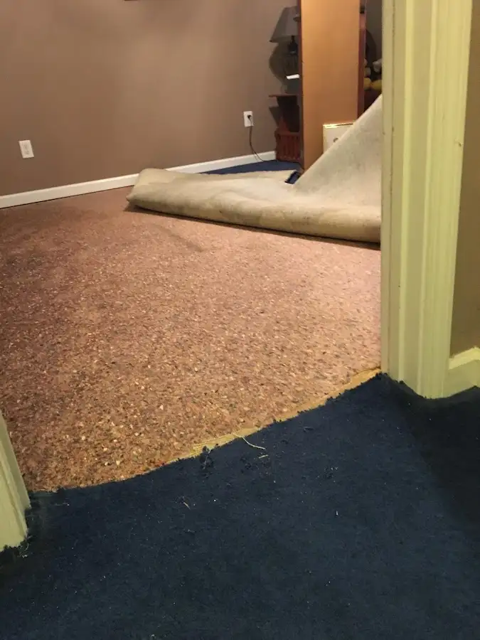 Carpet pad removal revealing water damage during Water Mitigation Services in Springettsbury